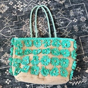 New Made in India Beaded Embellished Tote Bag - Straw Flowers - Beaded handles
